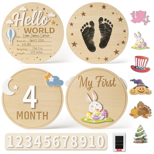 Easter Wooden Baby Announcement Sign Set, 2PK Double-Sided Newborn Milestone