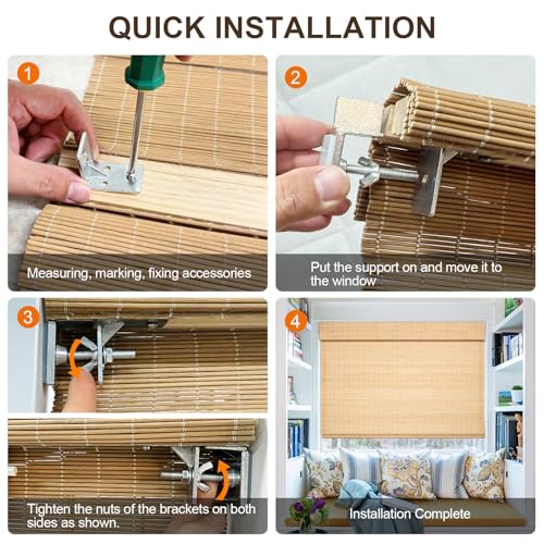 No Drill Custom Cordless Bamboo Blinds, Bamboo Roman Blinds Shades for Indoor Windows, Light Filtering, Easy to Install for Home & Patio