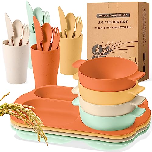 Image of Tanlade 24 Pcs Wheat Straw Dinnerware Cutlery Sets, Divided Plates Unbreakable Bowl Microwave Dishwasher Safe Tableware Cutlery Spoon Knife Fork Cup(Orange, Yellow, Beige, Green)