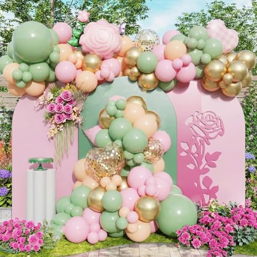 Image of Pink and Green Balloons, 65Pcs Light Pink Balloon, 12In Retro Green and Pink Balloons for Birthday Bridal Shower Baby Shower Decorations