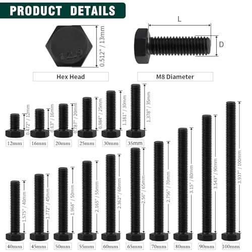 Image of M8-1.25 x 40mm Hex Bolts, 12.9 Grade Alloy Steel, Black Oxide Finish, Full Thread, Coarse Thread UNC, Hexagon Head Bolts 15 PCS