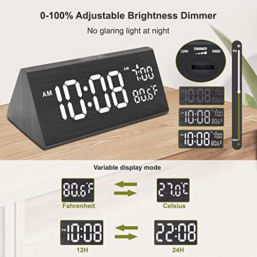 Dreamsky Wooden Digital Alarm Clock For Bedroom - 7.7" Electric Clocks With 2 Usb Ports, Large Numbers, Temperature, 0-100% Brightness Dimmer, Adjustable Alarm Volume, Snooze, 12/24H #TOP4