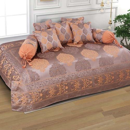 Image of Victor Poly Cotton Styria Satin Geometrical Pattern Diwan Set - 8 Pcs (Greyish Beige, Bed Cover - 60 inchx90 inch, 2 Bolsters - 16 inch x 32 inch & 5 Cushion Covers - 16 inch x 16 inch)