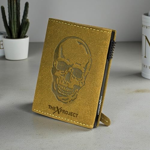 Image of The X Project Genuine Leather Wallet for Men | RFID Blocking Slim Bifold Wallet | Quick Card Eject Mechanism | Coin Pocket & ID Window | Premium Gift Box | Bold Skull Design (Green)