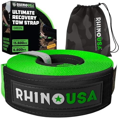 Rhino USA Abschleppgurt (7,6 cm x 6,1 m) - 13.600 kg Bruchfestigkeit - Notfall-Wiederherstellungsstrap für Truck, UTV, ATV - Abschleppseil - Schwerlast-Abschleppgurt für Offroad 4X4 Nutzung - Grün