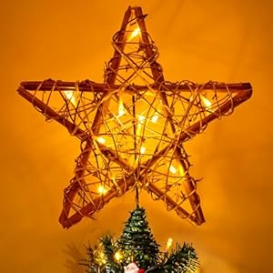 Christmas Tree Topper Star, Indoor Rattan Natural Star Treetop with 10 LED Light, Xmas Star Tree Topper Lighted for Christmas Tree Decorations Christmas Tree Topper Star Indoor Rattan Natural Star Treetop with 10 LED Light Xmas Star Tree Topper Lighted for Christmas Tree Decorations
