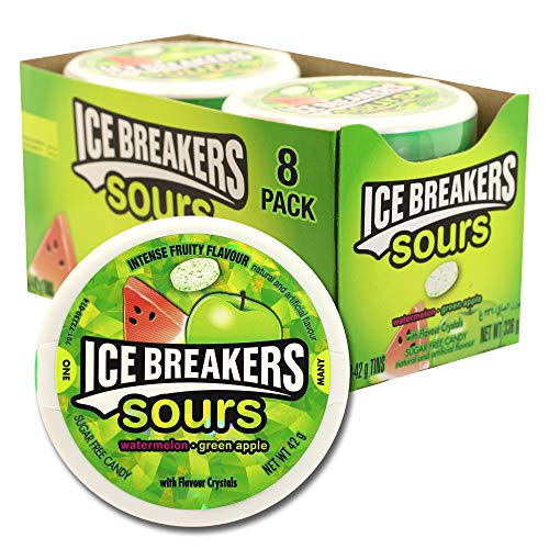 Ice Breakers Sours, Sugar Free Mints, Watermelon and Green Apple Flavour, Pack of 8 x 42 g