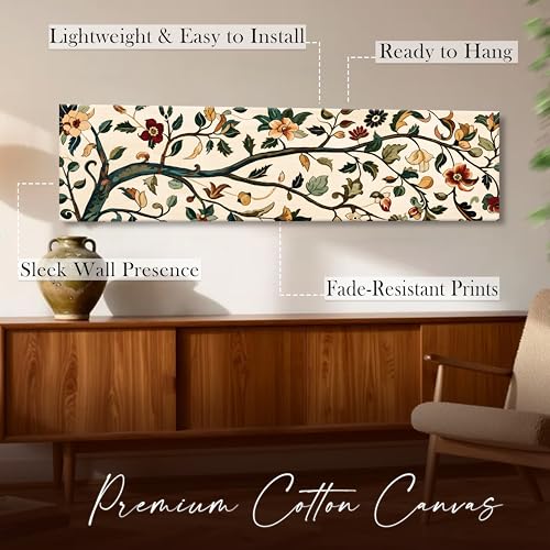 Image of Traditional Kalamkari Botanical Stretched Canvas Wall Art Painting for Living Room, Horizontal Floral Canvas Wall Decor For Livingroom, Bedroom, Office, Hallway's, Hotel 12x46 Inch