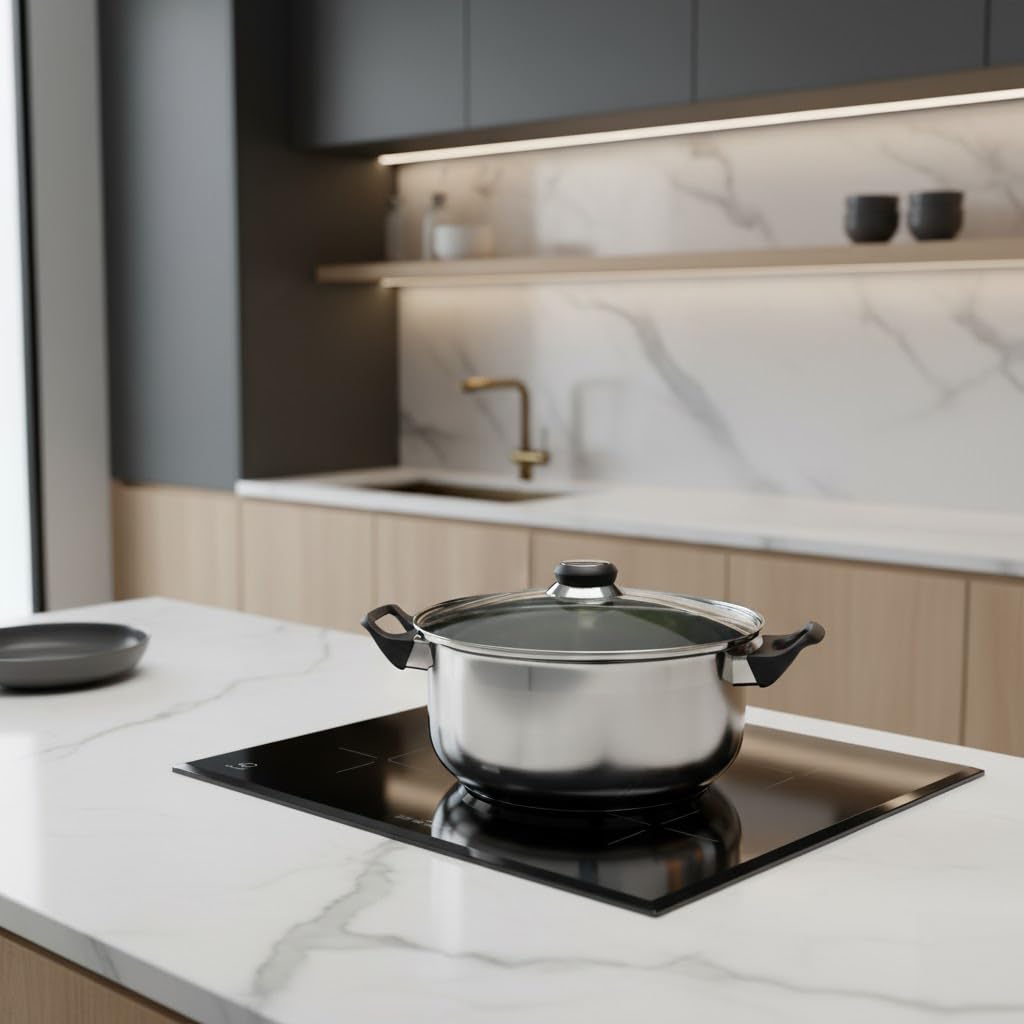 Quttin | Batería de Cocina de 12 Piezas de Acero Inoxidable Apta para Inducción, Gas y Vitrocerámica - Juego de 4 Ollas, 1 Cazo y 1 Sartén con Tapas de Cristal, Perfecta para Todas las Cocinas