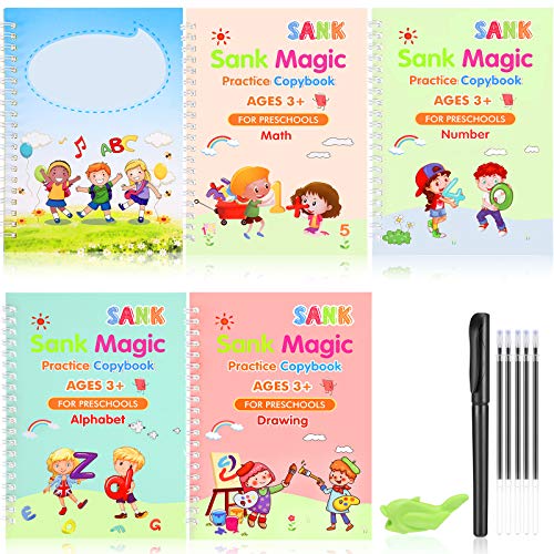 English Magic Practice Copybook Set of 12 Pieces Including Handwriting Copybooks and Pen Clip Pen Case Pen Refills, Reusable Kids Magic Writing Board for Calligraphic Letter Writing