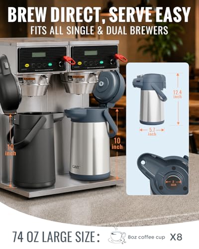 Image of GiNT 74oz Airpot Coffee Dispenser with Pump, Insulated Coffee Carafe for Hot Liquids, Stainless Steel Vacuum Insulated Pump Dispenser for Home Office Small Commercial Outdoor Use(2.2L)
