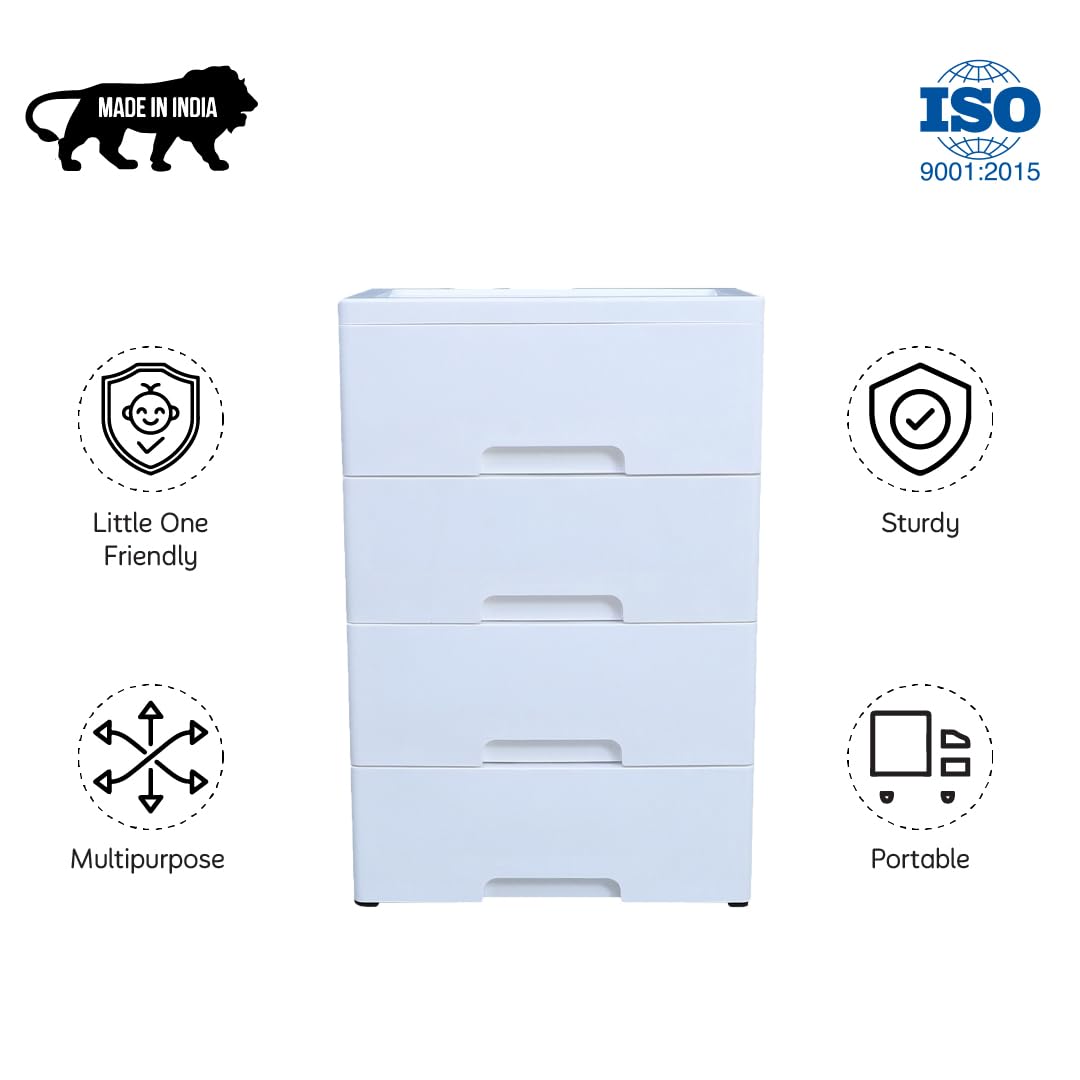 The Tickle Toe PP + HDPE Plastic Child-Safe Chest of 4 Drawers | Portable Kids Glossy Organizer & Storage Cabinet | Secure & Sturdy | Made in India | 51Lx33Wx82H cm | White 3