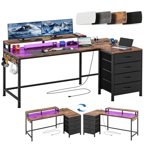 La Mejor Recopilación de Escritorios Home Depot Top 10. 45 Simple Wisdom Escritorio Gamer, Tipo L, Minimalista, Esquinero, con Cajón de Tela, Regleta, Regleta de Luz y Soporte para Monitor (Color Retro)