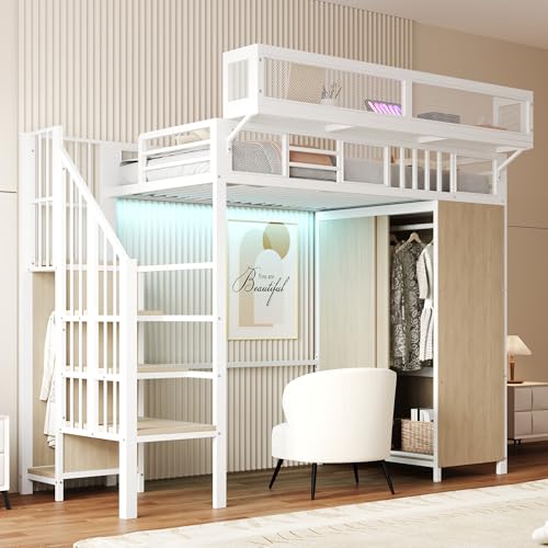 Merax Lit mezzanine en métal, 90 x 200 cm, avec armoire, éclairage LED, étagères amovibles, lit loft peu encombrant, blanc (sans matelas)