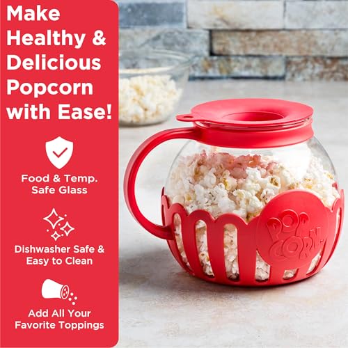 Ecolution Patented Micro-Pop Microwave Popcorn Popper with Temperature Safe Glass, 3-in-1 Lid Measures Kernels and Melts Butter, Made Without BPA, Dishwasher Safe, 3-Quart, Red image 3