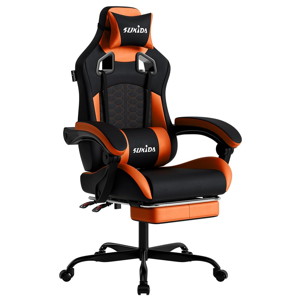 SUKIDA Silla ergonómica para Videojuegos con reposapiés, reposacabezas para Silla de Videojuegos, Ajustable, Altura Regulable, Soporte Lumbar para Oficina en casa y Juegos, Color Naranja