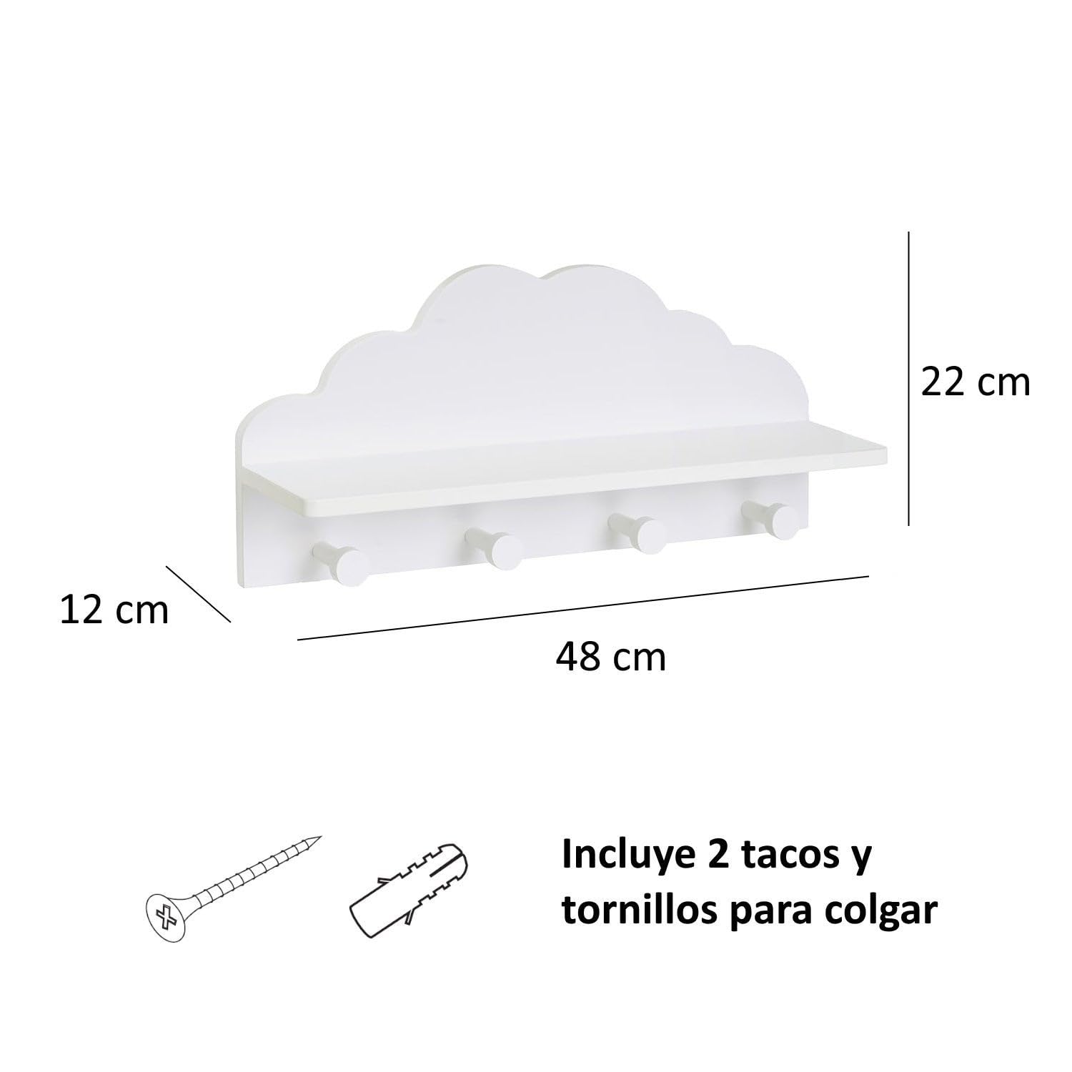 LOLAhome Appendiabiti da parete per bambini design nuvola bianco 48 cm 4 ganci