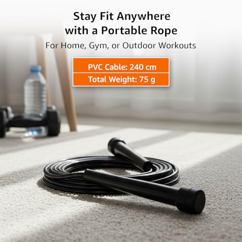 Image of Amazon Basics PVC Skipping Rope | Ergonomic Handles | Lightweight | Smooth Rotation | Cardio & Fitness Training | Men & Women | Black
