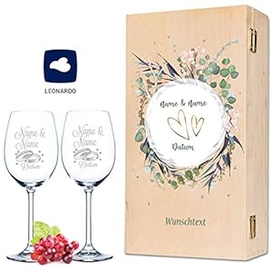 Leonardo Weingläser mit Gravur von Namen & Datum im – Flower Wedding Design – als Geschenk zur Hochzeit, Verlobung oder…