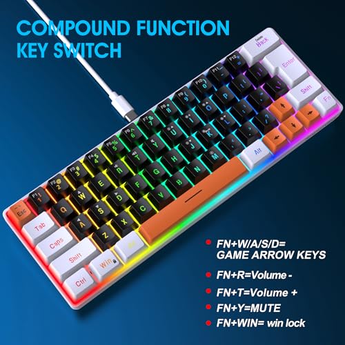 Image of Snpurdiri 60% Wired Gaming Keyboard, 63 Keys RGB (Black-White-Orange)
