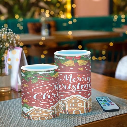 Image of Flickering Flameless Candles, Christmas Gingerbread Holly Berry Bell LED Candles with Remote Timer, Set of 2 Battery Operated Candle for Valentine Wedding Birthday
