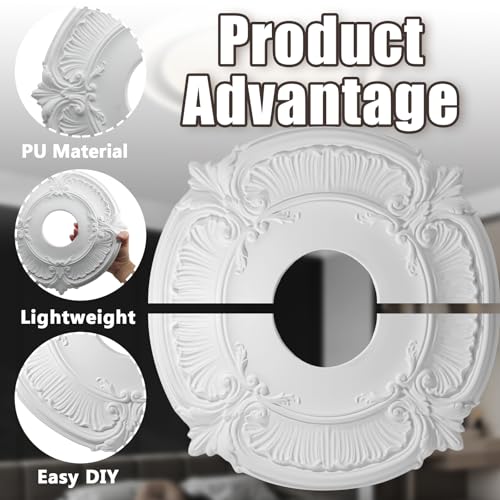 Image of Uenhoy Split Lighting Ceiling Medallions for Light Fixtures and Ceiling Fans, 11.6 inch OD x 3.5 inch ID Vintage Ceiling Cover Plate, PU Ceiling Fan Medallion, White