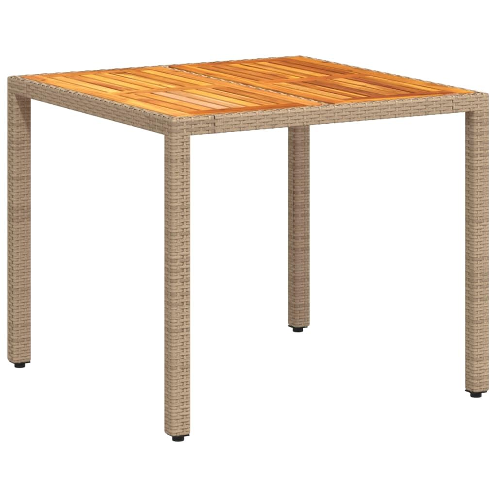 Stół ogrodowy, beżowy, 90 x 90 x 75 cm, polirattan, drewno akacjowe, stół balkonowy, taras, stół outdoorowy, odporny na warunki atmosferyczne, stabilny