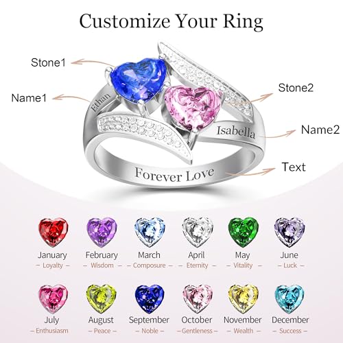 Easycosy Personalized Birthstone Rings for Women - Custom Name Engraved Promise Rings with 1-5 Stones, Customized Sterling Silver Mothers Ring Gifts for Mom, Women, Wife2