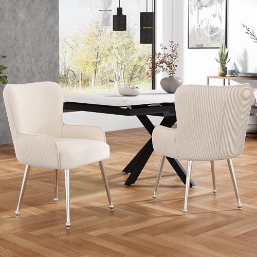 Goldicoo Juego de 2 sillas de comedor de terciopelo beige con diseño de lujo con reposabrazos, patas de metal, patas ajustables, soporte lumbar, para salón y dormitorio