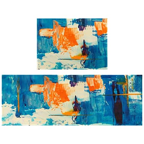 Fuoxowk Türkis Blaugrün Modern Abstrakt Küchenteppich Set, Blau Orange Künstlerische Malerei Dekorative Läufer Teppiche mit Gummi-Rückseite Cover