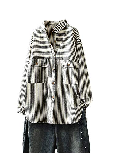 Minibee Women s Stripes Tunic Shirt Long Sleeve Shirt Button Front Blouse With Pockets Black 2XL