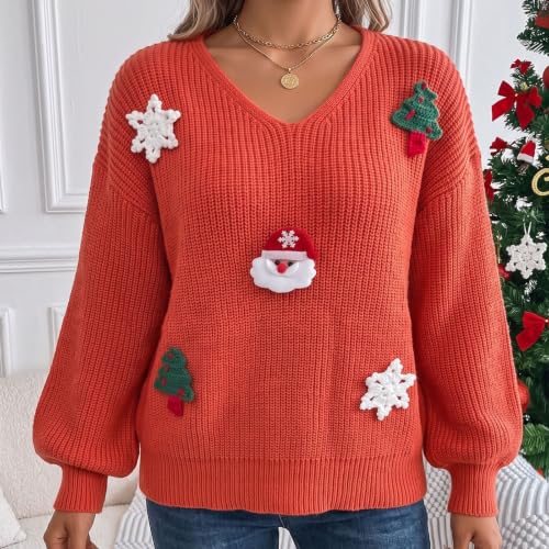 Christmas Sweater Christmas Tops for Women V Neck Sweaters for Women Orange - image 2