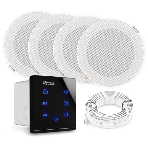Kit 4 Haut-parleurs De Plafond + Ampli Mural Power Dynamics A100WSet - 4x20W, Bluetooth 5.0, Lecteur MP3 - Blanc - Pour Sonorisation Publique (PA)