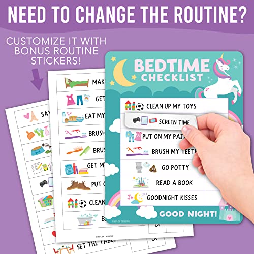Image of Magnetic Morning & Bedtime Routine Chart for Kids - Customizable Toddler Daily Schedule Board with Dry Erase Surface, Stickers & Marker, Build Habits with Visual Checklists, Unicorn Theme