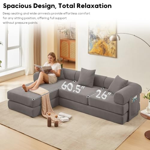 Image of 107 inch Modular Sectional Sofa Bed, L-Shape Corduroy Boneless Couch, Grey
