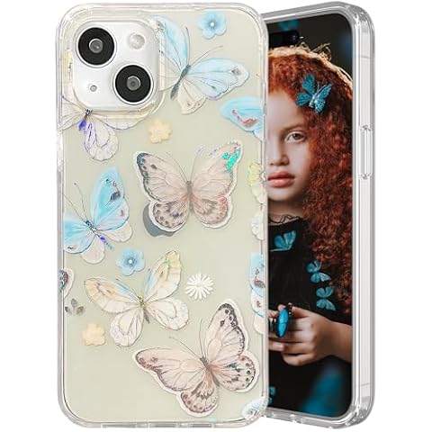 ooooops Glitter Clear Phone Case for iPhone 15 Plus Case for Women Girls, Cute Blue Yellow Butterflies Cute Floral Pattern, Slim Fit Hard Protective Case for iPhone 15Plus 6.7'' (Butterfly & Flower) Cover