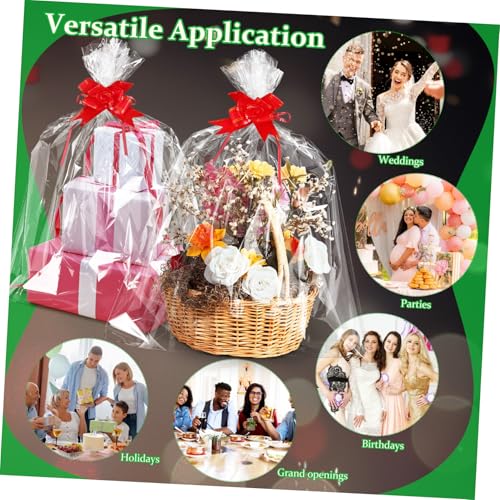 Hoement 5個 超大クリアセルロースラップバッグ 大型バスケット用 ラッピング用透明包装袋 赤リボン飾り付き 多目的ラッピング 収納用
