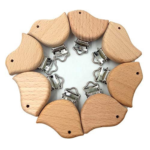 Image of 20pcs Natural Wood Suspender Pacifier Clips Cute Beech Wooden Animal Bird Shape Clips Charm DIY Beading Pacifier Chain Accessory