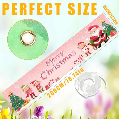 Image of Pink Merry Christmas Banner 78.7 x 17.7 Inch Santa and Elf with Christmas Tree Candy and Gift Box Design Festive Holiday Decoration for Home Yard Garden Wall or Indoor Celebration Display