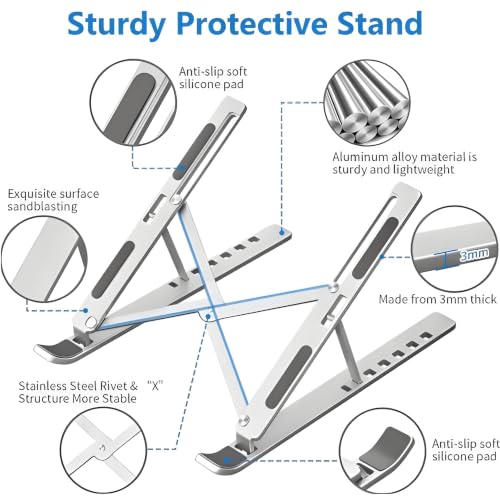 Image of STAR WORK Foldable Adjustable Laptop Stand for Desk, Aluminum Ergonomic Riser with 7 Height Levels, Portable & Lightweight, Anti-Slip Silicone Pads, Fits 10-17.3 inch Laptops, Tablets & Phones.