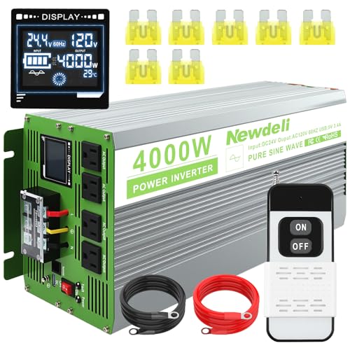 Image of Newdeli 4000 Watt Pure Sine Wave Power Inverter 24V DC to 110V 120V AC Solar Off-Grid Inverter with LCD Display, Remote Controller, 4 AC Outlets and 5V 3.4A USB for Vehicles Car Truck RV Solar Home