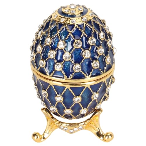 FAHZGK Caja de abalorios para huevos, caja de joyería con diamantes de imitación en aleación de zinc, caja de recuerdos reluciente y engastada con base trípode para perlas, pendientes y (Azul)