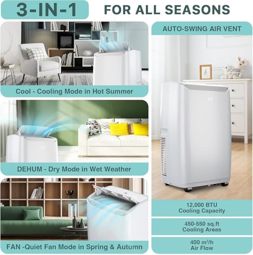 Image of 12000 BTU 3-in-1 Portable Air Conditioner - Cooling, Quiet Operation with Dehumidifier, Sleep Mode, Timer & Remote Control Included