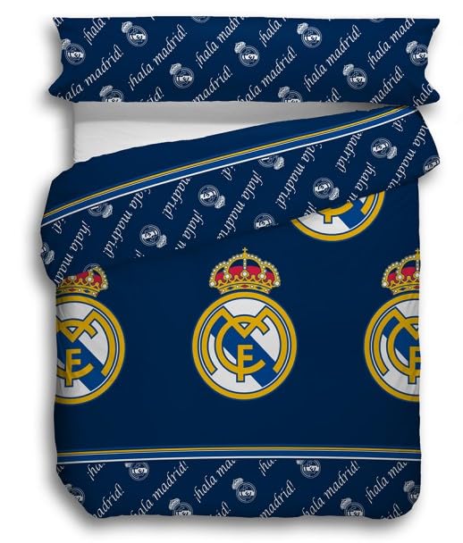 Funda Nórdica Real Madrid, 50% Algodón 50% Poliéster, Azul Marino con Escudo del Club, para Cama de 90,105,135,150 (90)