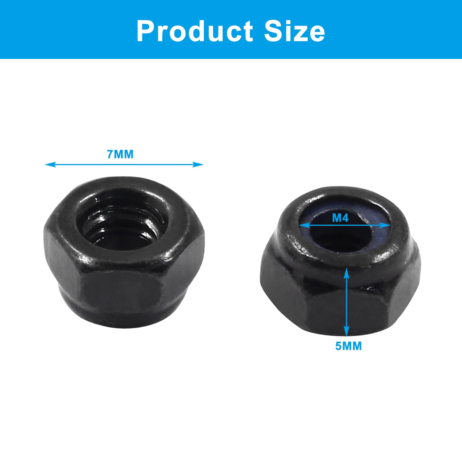 Hitefu 110-Pack M4 X 0.7mm Hex Lock Nuts – Black Carbon Steel Nylon Insert Non-Slip Self-Locking Fasteners