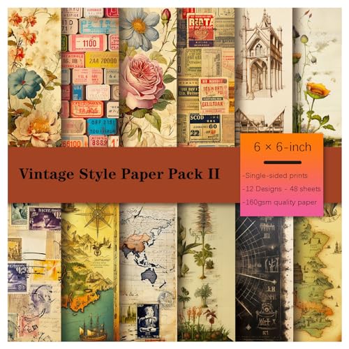 Accesorios para álbumes de recortes Papel, Papel con estampados florales de rosas, 160 g/m², sin ácido, for hacer tarjetas, marrón y rojo, 48 hojas, 6 x 6 pulgadas