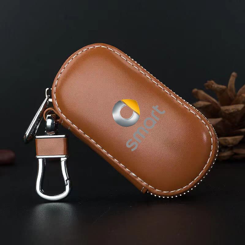 BRALEM Auto Portachiavi Portafoglio per Smart Fortwo Forfour 453 451 450 Cabrio Forfour Coupe, Vera Pelle Portatile Sacchetto Chiave Auto Cerniera Antifurto Zipper,Brown