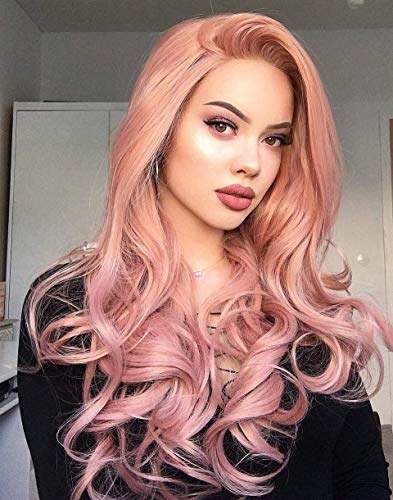 Mildiso Perücke Rosa Damen Lang Gewellt Locken Perücken mit pony Für Frauen Wig Alltag Kostümparty 037