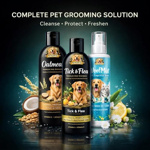 Image of Oatmeal Dog Shampoo 200ml + Tick & Flea Dog Shampoo 200ml + WoofMist Pet Perfume Spray 100ml Combo | Tea Tree Lemon Aloe Soothing Moisturizing & Anti Tick Cleansing | Grooming Kit