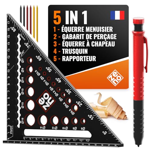 ZENO Equerre Menuisier 180 mm - Equerre Charpentier - Outil Menuisier Tout-en-un : Équerre, Rapporteur, Règle, Trusquin, Gabarit de percage - Crayon de Chantier Professionnel